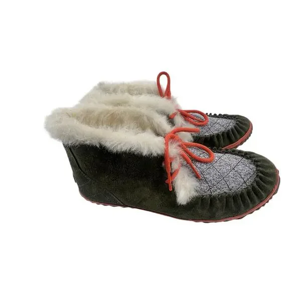 Sorel Out N About Moccasin Slipper Boots Size 8.5 Gray Green Suede Faux Fur - Picture 2 of 7